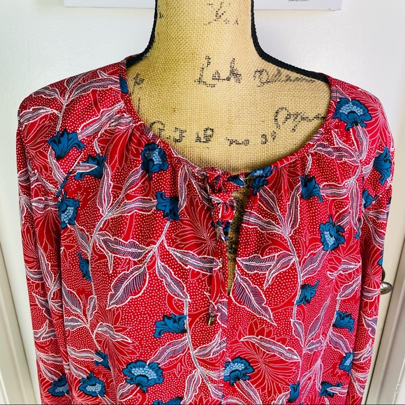 Bohemian Rose & Olive Women's Red Floral Blouse Tie Front Long S Large Hippie - Picture 10 of 10